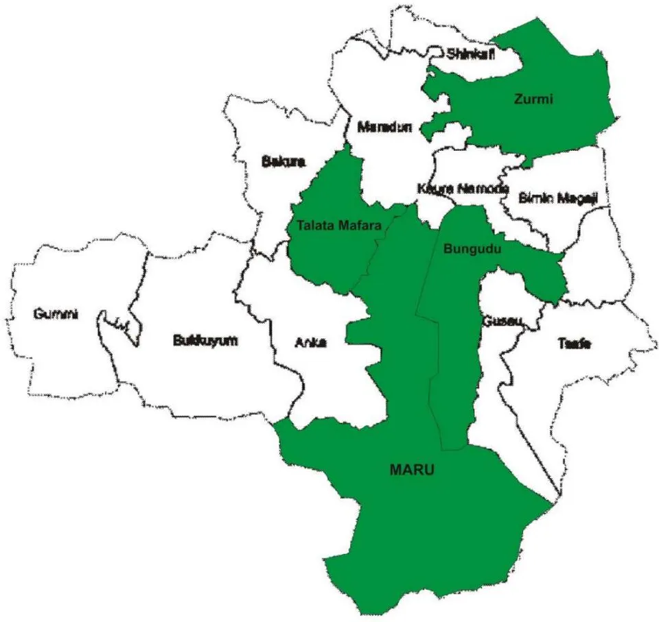 Fig. 2: Map of Zamfara State showing sampled LGAs of leguminous plants distribution