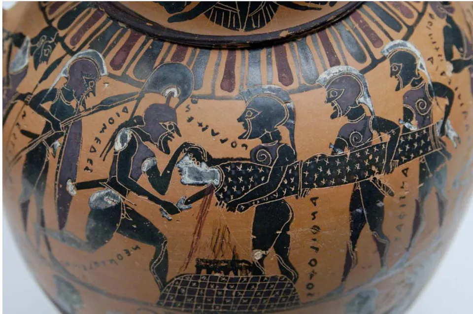 Fig. 7: The sacrifice of Polyxena. Detail of the black-figure Attic amphora, attributed to the Timiades Painter, c. 575-525 B.C. British Museum. London (inv. 1897.2-27.2). Available at: Wikimedia Commons. Accessed on: March 7, 2022.