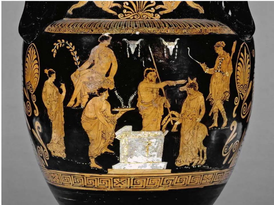 Fig. 9: The sacrifice of Iphigenia. Detail of the apulian red-figure krater by the Ilioupersis Painter, Date to 370-350 B.C. London, British Museum. Reference: K. Servi, Greek Mythology, Athens, 1998. Available at https://www.britishmuseum.org/collection/object/G_1865-0103-21. Accessed on: March 2, 2025.