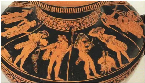 Fig. 2: Warrior cutting his hair. White-ground lekythos attributed to the Yale Painter, dated 470-460 B.C. New York, The Metropolitan Museum of Art. Photo: P. Chabot, 2000 (MET). Source: Ribeiro Junior 2003.