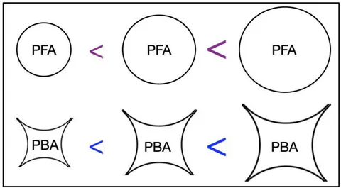 Figure 3: Topological representation of the growth dynamics of direct space (Push-Forward Area) and reciprocal or inverse space (Pull-Back Area) As observed in Figure 3, an increase in the Push-Forward Area (PFA) is accompanied by an increase in the Pull-Back Area (PBA). However, since their dimensions are inverse to each other, the growth in the inverse area exerts a dampening effect on the overall pressure of the system. This phenomenon, and its implications, will now be discussed in detail.