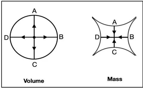 Figure 1b: Topological representation of the inverse dimensional relationship between mass and volume, illustrating the multidirectional character of volume versus the unidirectional character of mass In Figure 1b, mass is represented by a 2D saddle-shaped geometry. Importantly, the hybrid or product of volume and mass can be expressed as: