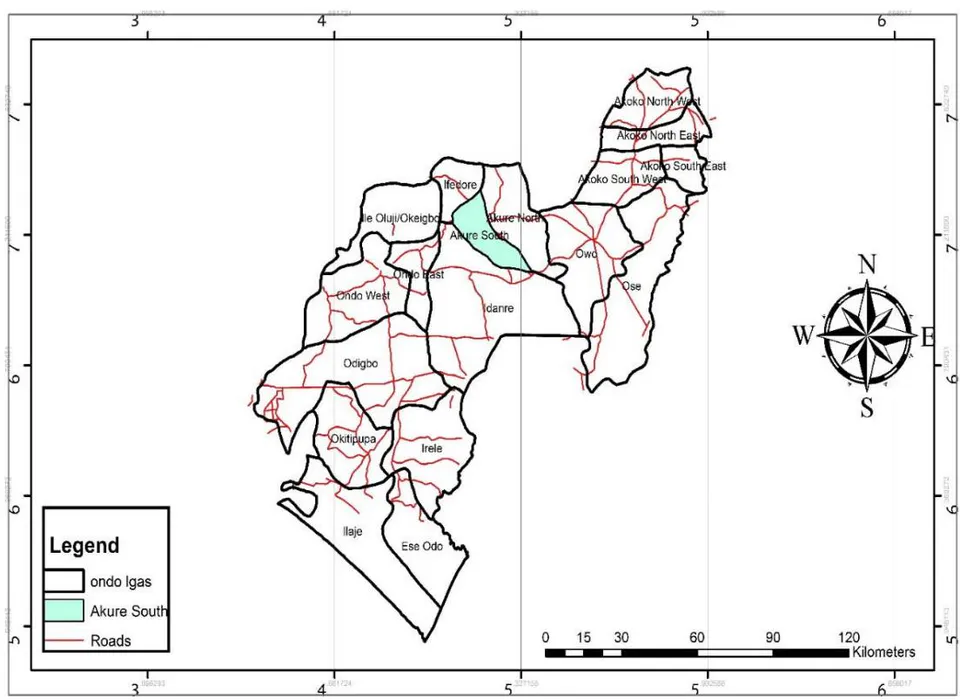 Figure 1: Map of Nigeria Showing Ondo State Source: Google Earth 7.1.7.2606; Authors' Digitization with ArcGIS 10.5.0, (2019)
