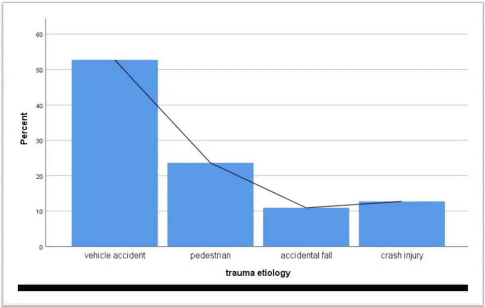 Figure 1: Bar chart of TBI aetiology by per cent of the examined patient