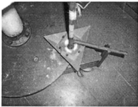 Fig. 5a. Close-up at wear station: ball-on-triplates; Trifolium of teflon discs in the water lubricant basin. Fig. 5b. Set of nine specimen discs simultaneously tested, worn out discs after washing.