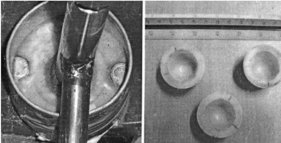 Fig. 4a: Ball-on-soket wear test Fig. 4b. ABS plastic specimen shells Water as lubricant worn out and washed