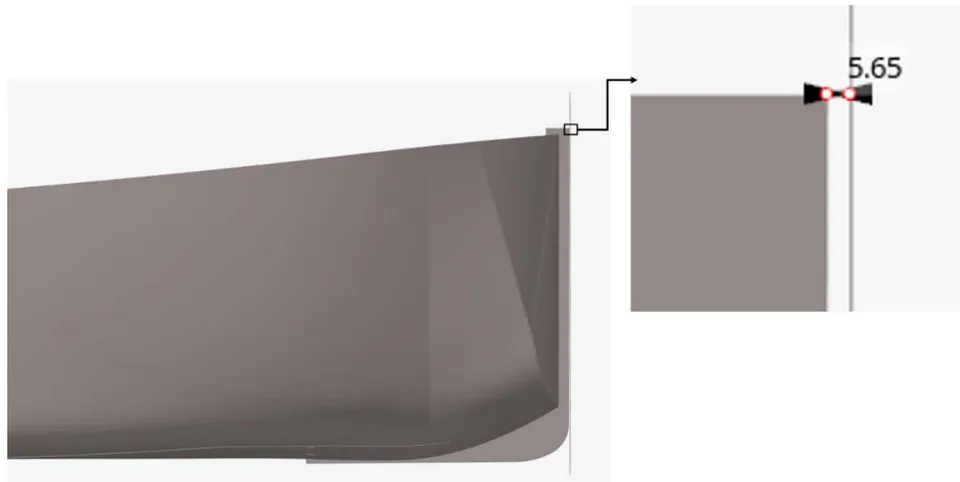Figure 6: Distance between ship and rigid wall Because the wall is stationary, all edge nodes of the rigid wall are fixed (encastré) to ensure they remain in place during the collision, as showed in Figure 7 and the node containing engine mass is shown in Figure 8. Then, all mesh qualities are checked using the built-in quality index in the Hypermesh software after meshing the whole model.