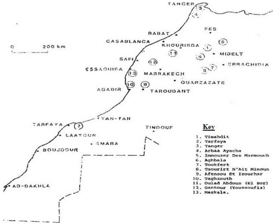 Fig. 1: Distribution of oil shale deposits in Morocco [1]
