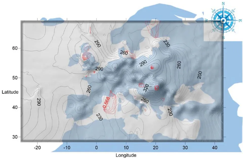 Figure 4: Europe and the Mediterranean, the "Malignant neoplasms (C00-C97)" mortality rate for 2012 (black isolines), and its statistically significant correlation with annual alpha particle flux (red isolines) for the studied interval 2011 - 2019