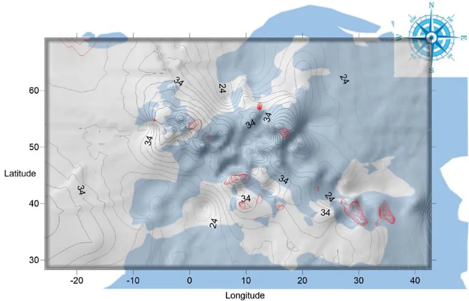 Figure 1: Europe and the Mediterranean, the "Other malignant neoplasms (remainder of C00-C97)" mortality rate for 2012 (black isolines), and its statistically significant correlation with annual alpha particle flux (red isolines) for the studied interval 2011 – 2019