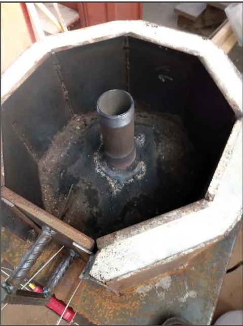 Figure 1: Image of smolder apparatus employed in study. Left image shows exterior with temperature probes in use. Right image shows interior of smolder chamber