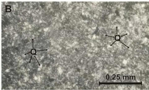 Figure 8: Micro photographs of Simón Formation: A) Quartzite subarkose middle grain sandstone observed with crossed nicole. There are igneous quartz composed (grey) and igneous included in silt. B) Phyletic siltstone parallel light observed. Microcrystals of clay and fine silty size are plentiful with poor quartz