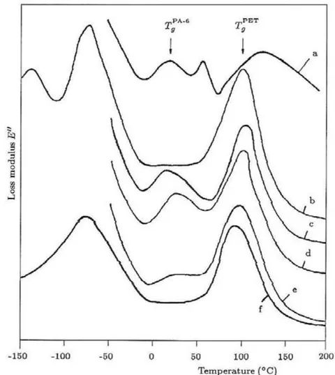 Figure 5: Temperature dependence of the loss modulus E'' in the range from -150 to 200°C. Annealing temperatures and durations are as follows: (a) non-annealed, undrawn; (b) non-annealed) drawn to \lambda = 4.2; (c) T_a = 220^\circ\text{C}, t_a = 5\text{h}; (d) T_a = 220^\circ\text{C}, t_a = 25\text{h}; (e) T_a = 240^\circ\text{C}, t_a = 5\text{h}; (f) T_a = 240^\circ\text{C}, t_a = 25\text{h} [99]. Source: Serhatkulu T., Bahar I., Erman B., Fakirov S., Evstatiev M., Sapundjieva D.: Dynamic mechanical study of amorphous phases in poly (ethylene terephthalate)/nylon-6 blends. Polymer, 36, 2371–2377 (1995). Copyright 1995 Elsevier.