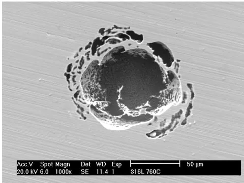 Figure 7: Pit on the surface of the 316L steel after linear polarization tests