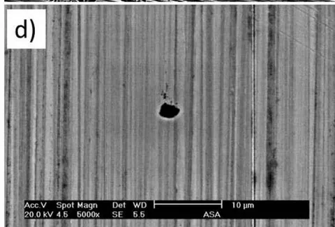 Figure 9: SEM image showing the pits formation on the surfaces of the studied alloys, a) 316L, b) 317L, c) 904L and d) AL-6XNPLUSTM
