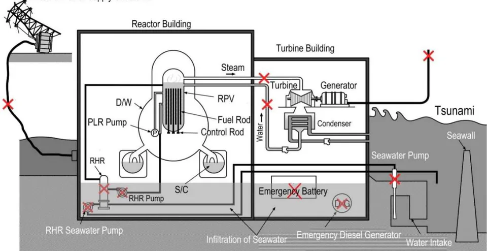 Fig. 2: Situation at the nuclear power plant (NPP) after the arrival of the tsunami at 16:00 on March 11, 2011[20]