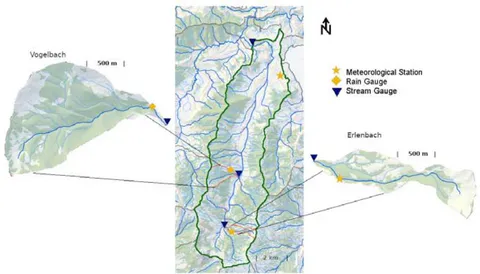 Figure 2: The Alp Catchment (46.4 km2) with its Two Tributaries Erlenbach (0.7 km2) and Vogelbach (1.6 km2) (Bernerse Institute for Geography (2018), Von Freyberg et al. (2022))