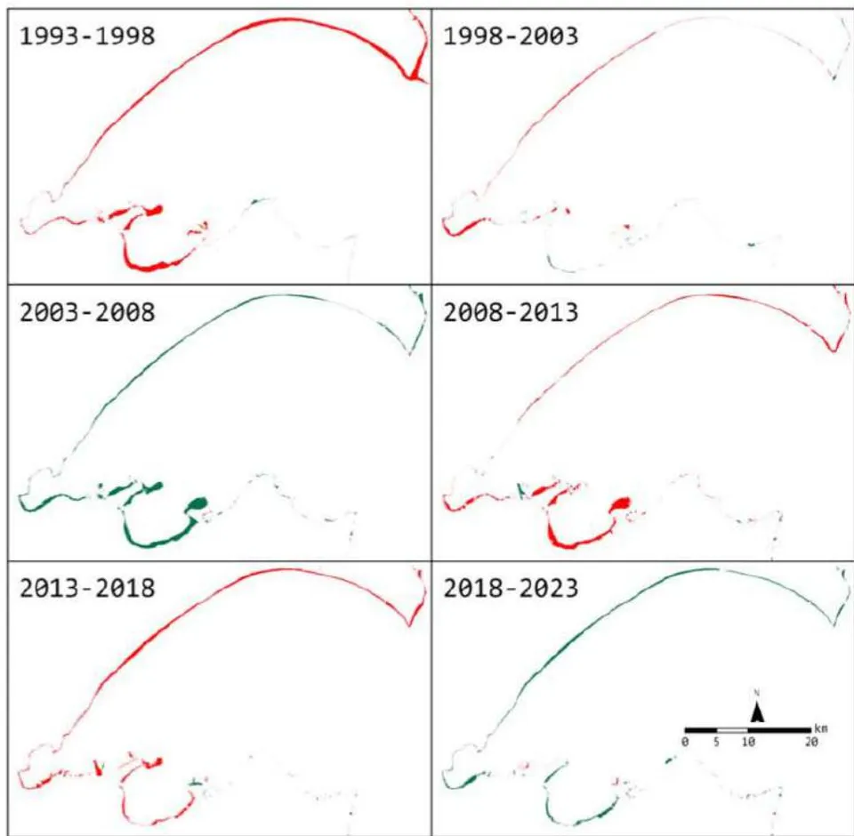 Figure 11: Maps showing spatial distribution of erosion (red) and accretion (green) zones along the Kuwait Bay coastline for each 5-year period from 1993 to 2023.