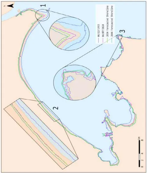 Figure 12: Forecasted shorelines for 2034 and 2044 compared to historical shorelines from 1993 and 2024 in Kuwait Bay.