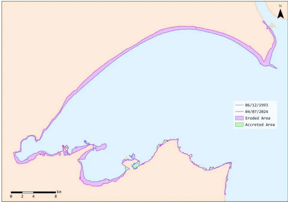 Figure 9: Total eroded and accreted areas between 1993 and 2024.