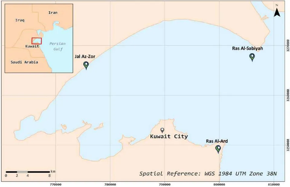 Figure 2: Geographic extent of the study area along Kuwait Bay, between Ras Al-Sabiyah, Jal Az-Zor, and Ras Al-Ard.