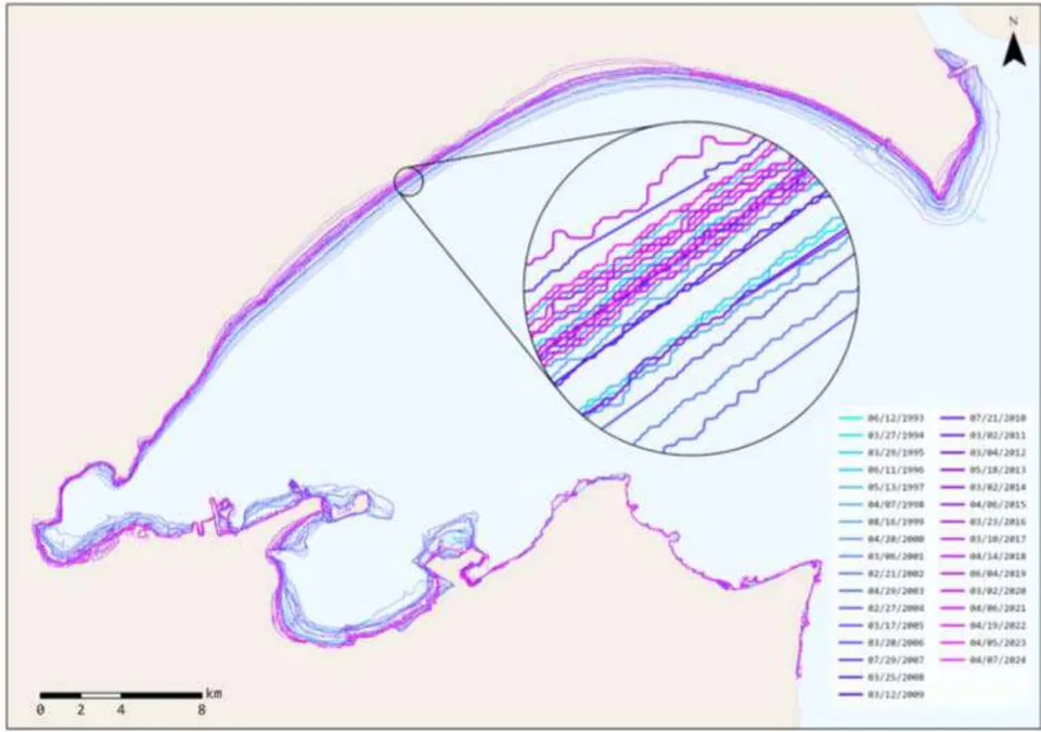 Figure 6: Extracted shoreline positions for Kuwait Bay from 1993 to 2024.