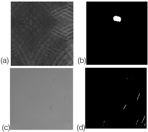 Figure 11: FCN: (a) DAGM-2007 Original Image (b) Result for DAGM-2007; (c) Phone Screen Original Image (d) Result for Phone Screen